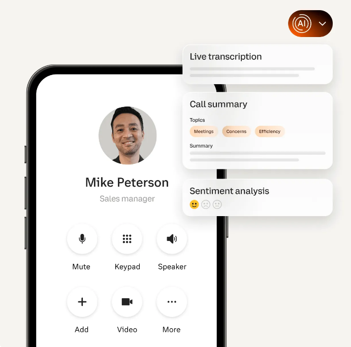 RingCentral has Live transcription, call summary, and sentiment analysis.