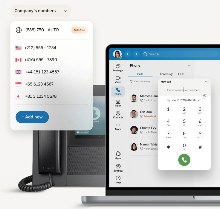 RingCentral saves all of the company numbers and allows you to add a new number from the app.