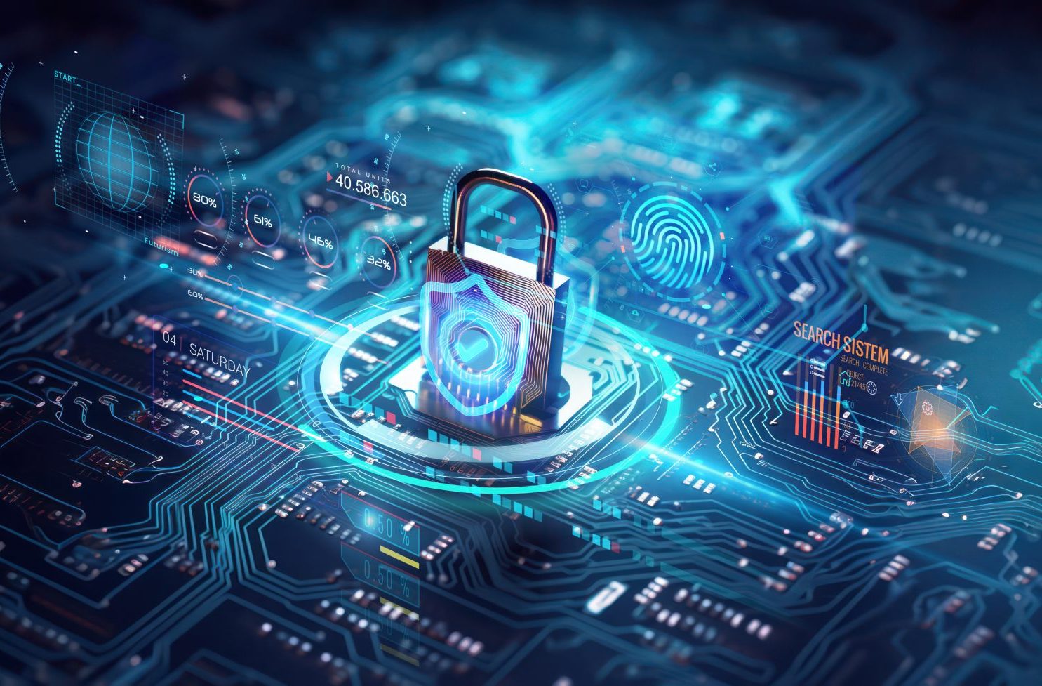 secure connection or cybersecurity service concept of compute motherboard closeup and safety lock with login and connecting verified credentials as wide banner design - Generative AI